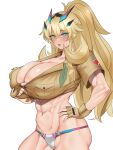  1girl abs barghest_(fate) barghest_(swimsuit_archer)_(fate) barghest_(swimsuit_archer)_(first_ascension)_(fate) biceps bikini blonde_hair blush breasts cleavage fate/grand_order fate_(series) fingerless_gloves gloves green_eyes high_ponytail highres huge_breasts koucha_indian long_hair looking_at_viewer muscular muscular_female navel neckerchief open_mouth shirt short_sleeves sidelocks solo swimsuit thick_thighs thighs tied_shirt white_bikini yellow_gloves yellow_shirt 