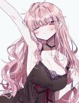  1girl 3j_dangan arm_up armpits black_nightgown blush breasts cleavage closed_mouth collarbone frown highres hololive hololive_english long_hair messy_hair mori_calliope mori_calliope_(6th_costume) nightgown one_eye_closed pink_eyes pink_hair red_ribbon ribbon simple_background solo stretching virtual_youtuber white_background 