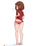  1girl blush brown_hair cassie_(tobias_wheller) clothes_pull commentary earclip english_commentary from_behind highres looking_at_viewer looking_back medium_hair no_pants panties patreon_username pink_panties red_shirt shirt shirt_pull simple_background solo thigh_gap tobias_wheller underwear white_background 