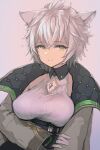  1girl akatsu animal_ears breasts cat_ears cat_girl chest_jewel clothing_cutout core_crystal_(xenoblade) crystal diamond_cutout fingerless_gloves gloves jacket large_breasts looking_at_viewer messy_hair na&#039;el_(xenoblade) open_clothes open_jacket romper short_hair solo xenoblade_chronicles_(series) xenoblade_chronicles_3 xenoblade_chronicles_3:_future_redeemed yellow_eyes 