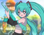  1990s_(style) 1girl black_skirt blue_eyes blue_hair blue_necktie blurry blurry_background blush breasts chelly_(chellyko) cloud crossover depth_of_field detached_sleeves grey_shirt gun hatsune_miku highres holding holding_weapon keychain long_hair long_sleeves looking_at_viewer medium_breasts midriff necktie open_mouth retro_artstyle rifle shirt skirt sky sleeveless sleeveless_shirt smile solo sparkle spring_onion standing teeth twintails upper_body vocaloid weapon 