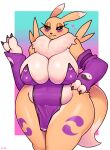  anthro bandai_namco blue_eyes blush breasts claws clothed clothing digimon digimon_(species) female finger_claws fur hi_res looking_at_viewer renamon simple_background slightly_chubby solo sususuigi tail yellow_body yellow_fur 