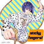  1boy black_hair blue_eyes blunt_bangs bob_cut bruno_bucciarati cleavage_cutout closed_mouth clothing_cutout commentary_request grm_jogio highres jacket jojo_no_kimyou_na_bouken looking_at_viewer male_focus pectoral_cleavage pectorals stand_(jojo) sticky_fingers_(stand) vento_aureo white_jacket zipper zipper_pull_tab 