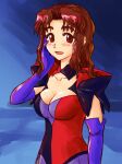  1girl :d blue_background breasts brown_hair cleavage collarbone elbow_gloves excel_saga eyelashes gloves hair_intakes hand_on_own_face hand_up highres hyatt long_hair looking_at_viewer medium_breasts open_mouth red_eyes red_pupils smile solo wavy_hair zawabug 