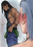  2boys absurdres aguzcm arm_tattoo ass bara bare_arms blush bouncing_ass bouncing_bulge bulge bulge_lift dark-skinned_male dark_skin denim dollar_sign dressing feet_out_of_frame from_side frown green_eyes green_male_underwear grey_hair hidan_(naruto) highres jeans kakuzu_(naruto) large_pectorals long_hair looking_down male_focus male_underwear meme motion_lines multiple_boys muscular muscular_male naruto_(series) naruto_shippuuden never_seen_a_guy_recreate_this_(meme) open_pants pants pants_lift pectorals print_male_underwear sidepec solo_focus standing stitches tattoo undersized_clothes underwear veins veiny_arms yaoi 