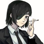  1girl between_fingers black_hair black_jacket black_necktie chainsaw_man cigarette collared_shirt cropped_torso eyepatch formal green_eyes highres himeno_(chainsaw_man) holding holding_cigarette jacket looking_at_viewer necktie portrait shirt short_hair simple_background smile smoking solo suit suit_jacket upper_body white_background white_shirt yuma_kahara 