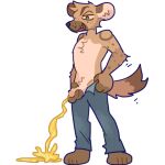  alpha_channel anthro bodily_fluids bottomwear bottomwear_down clothed clothing genital_fluids genitals guncht humanoid_genitalia humanoid_penis hyena male mammal pants pants_down partially_clothed peeing penis simple_background solo spotted_hyena telegram_sticker transparent_background urine urine_stream 