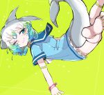  1girl barefoot blue_eyes blue_hair cetacean_tail choker common_bottlenose_dolphin_(kemono_friends) dolphin_girl dress fins fish_tail green_background grey_hair highres jewelry kanmoku-san kemono_friends looking_at_viewer multicolored_hair one_eye_closed ring sailor_collar sailor_dress short_hair simple_background smile solo tail two-tone_hair 