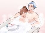  1boy 1girl 1other atelier_(series) atelier_ryza atelier_ryza_3 bath bathing bathtub blue_hair blush bos_brunnen bowl breasts brown_hair cleavage closed_eyes commentary fang fi_(atelier) foam girl_on_top hair_bun hair_ornament kaninoko large_breasts leaning_back leaning_on_object leaning_on_person mixed-sex_bathing open_mouth partially_submerged reisalin_stout shared_bathing short_hair smile steam sweat towel 