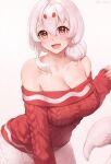  1girl :d bare_shoulders blush breasts cleavage collarbone commentary fang hair_between_eyes highres indie_virtual_youtuber iwbitu lamia large_breasts long_sleeves looking_at_viewer medium_hair monster_girl off-shoulder_sweater off_shoulder open_mouth red_sweater skin_fang sleeves_past_wrists smile solo sweater twitter_username virtual_youtuber white_hair yellow_eyes yumie_tsuchinoko 