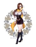  1girl boots breasts brown_eyes brown_hair cleavage curvy fire_emblem fire_emblem:_three_houses fire_emblem_fates flower garreg_mach_monastery_uniform hair_over_one_eye high_heel_boots high_heels kagero_(fire_emblem) large_breasts lips long_hair rein_creamsoda ribbon scarf solo water white_background white_ribbon yellow_scarf 