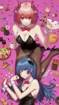  2girls arknights blue_eyes blue_hair blue_nails bow bowtie breasts cake candy chocolate cleavage cookie detached_collar doughnut fiammetta_(arknights) food halo highres horns lollipop macaron mostima_(arknights) multiple_girls pancake pantyhose pie pink_background red_eyes red_hair red_nails smile tabletennis229 wrist_cuffs 