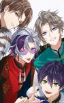  4boys :d ;p black_hair black_jacket black_nails blue_eyes braid brown_eyes brown_hair chinese_clothes closed_mouth commentary_request earrings eyelashes feather_boa fingernails fuwa_minato glasses gold_trim green_eyes grey_hair grin hair_between_eyes hands_up highres hoop_earrings jacket jewelry kagami_hayato kaida_haru kenmochi_touya lapels looking_at_viewer male_focus mandarin_collar multicolored_hair multiple_boys nail_polish nijisanji one_eye_closed open_clothes open_jacket open_mouth parted_bangs pink_hair purple-tinted_eyewear purple_hair ring rof-mao round_eyewear short_hair simple_background single_braid smile soiya_(soiyaaaaaa2) streaked_hair tangzhuang tassel teeth tinted_eyewear tongue tongue_out upper_body virtual_youtuber white_background white_hair 