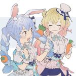  2girls animal_ears back_bow blonde_hair blue_bow blue_bowtie blue_hair blue_shorts blue_skirt blush_stickers bow bow_skirt bowtie braid carrot carrot_hair_ornament closed_eyes commentary_request corset creature double_bun extra_ears food food-themed_hair_ornament frilled_skirt frills gradient_hair hair_bun hair_ornament highres holding holding_food hololive hololive_idol_uniform_(bright) jacket large_bow layered_skirt long_hair momosuzu_nene multicolored_hair multiple_girls nekko_(momosuzu_nene) open_mouth orange_eyes overskirt pink_hair puffy_short_sleeves puffy_sleeves rabbit-shaped_pupils rabbit_ears sash scared shio_koneno shirt short_sleeves shorts side_up_bun sidelocks skirt symbol-shaped_pupils thick_eyebrows twin_braids twintails two-sided_fabric two-sided_skirt two-tone_hair two_side_up underbust usada_pekora v virtual_youtuber waist_bow white_hair white_jacket white_shirt white_skirt 
