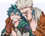  2boys 2nd_popularity_poll_(boku_no_hero_academia) absurdres alternate_hair_color anime_coloring aqua_eyes aqua_hair arm_over_shoulder artist_name bakugou_katsuki blue_vest boku_no_hero_academia bright_pupils cape censored collarbone ear_piercing earrings freckles fukami_(hk3) fur-trimmed_vest fur_(clothing) fur_shawl furrowed_brow gloves green_cape grey_hair grey_shirt grin hair_between_eyes hand_on_another&#039;s_arm hand_up happy head_on_head head_rest high_collar highres jewelry leaning_on_person letterboxed looking_at_viewer male_focus middle_finger midoriya_izuku multiple_boys multiple_necklaces multiple_piercings narrowed_eyes necklace no_shirt official_alternate_costume open_collar open_mouth orange_sleeves outside_border piercing pointless_censoring purple_background red_eyes red_gloves scar scar_on_chest shawl shirt short_hair shoulder_pads single_shoulder_pad slit_pupils smile spiked_hair spoilers teeth torn_cape torn_clothes uneven_eyes upper_body v v-shaped_eyebrows vest white_pupils yellow_brooch 