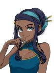  1girl alternate_costume alternate_hairstyle blue_dress blue_eyes china_dress chinese_clothes cleavage_cutout clothing_cutout commentary_request dark_skin dress earrings echizen_(n_fns17) hair_up hand_on_own_face highres jewelry looking_at_viewer nessa_(pokemon) pokemon pokemon_(game) pokemon_swsh smile solo white_background 