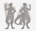  anthro butt claws digital_media_(artwork) fin fish gesture greyscale hair hand_on_hip hi_res looking_at_viewer male marine model_sheet monochrome navel nude raised_arm scalie shark simple_background smile solo spice_goblin standing tail thick_tail thick_thighs waving white_background 