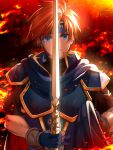  1boy armor binding_blade_(weapon) blue_cape blue_eyes blue_gloves cape closed_mouth delsaber fiery_background fingerless_gloves fire fire_emblem fire_emblem:_the_binding_blade gloves headband highres holding holding_cape holding_clothes holding_sword holding_weapon looking_at_viewer male_focus red_hair roy_(fire_emblem) serious solo sword weapon 