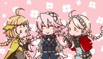  3girls blonde_hair blue_eyes braid braiding_hair brushing_another&#039;s_hair brushing_hair cape capelet ebi_puri_(ebi-ebi) fire_emblem fire_emblem_fates grey_eyes hairband hairdressing hood hood_down hooded_capelet low_twin_braids multiple_girls nina_(fire_emblem) ophelia_(fire_emblem) pink_hair red_capelet soleil_(fire_emblem) twin_braids white_hairband yellow_cape 