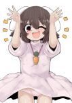  1girl ;d animal_ears ass_visible_through_thighs brown_hair carrot_necklace commentary_request cowboy_shot double-parted_bangs dress floppy_ears grey_dress hair_between_eyes hands_up happy highres inaba_tewi jewelry looking_at_viewer necklace one_eye_closed ooyama_bokuchi open_mouth panties pantyshot puffy_short_sleeves puffy_sleeves rabbit_ears rabbit_pose red_eyes short_hair short_sleeves simple_background smile solo thigh_gap touhou underwear white_background white_panties wind wind_lift 
