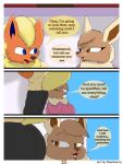  3:4 absurd_res anthro big_breasts black_nose breasts brown_body brown_eyes brown_fur butt canid canine clothed clothing comic digital_drawing_(artwork) digital_media_(artwork) duo eevee eeveelution elizabeth_venizee english_text female flamberry_(artist) flareon franklin_flare fur generation_1_pokemon hair hi_res looking_at_butt male mammal nintendo open_mouth pokemon pokemon_(species) simple_background smile spying tail text 