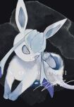  absurdres animal_focus artist_name black_background blue_eyes blue_hair blue_sclera colored_sclera commentary constricted_pupils fluffy full_body glaceon highres leg_up long_hair natsumekan no_humans open_mouth pawpads pokedex_number pokemon pokemon_(creature) signature sitting solo 