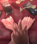  1boy 1girl cellphone commentary_request condom condom_box condom_packet_strip condom_wrapper crossed_wrists dark-skinned_male dark_skin eruu_(eruuman) fake_nails feet_out_of_frame hairy hand_hair highres implied_sex incoming_call jewelry kitagawa_marin motion_lines multiple_rings netorare partially_translated phone pink_nails ring smartphone sono_bisque_doll_wa_koi_wo_suru stained_sheets sweat translation_request used_condom 