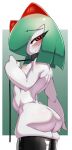  anthro blush bodily_fluids butt clothing collar female fir3born flat_chested generation_3_pokemon hi_res kirlia latex leash legwear looking_at_viewer nintendo nipples pokemon pokemon_(species) rear_view side_view solo solo_focus sweat sweatdrop thigh_highs 