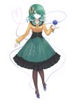  blue_footwear bow closed_mouth floral_print full_body green_eyes green_hair green_nails green_skirt hair_bow hair_over_one_eye heart heart_of_string highres komeiji_koishi kuro_wa_shinoru long_sleeves looking_at_viewer no_headwear rose_print shirt short_hair simple_background skirt smile third_eye touhou twitter_username white_background yellow_bow yellow_shirt 