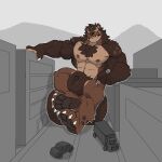  2023 4_fingers 4_toes anthro balls big_balls black_nose brown_body brown_fur chest_tuft city claws digital_media_(artwork) eyebrows feet fingers fur genitals grey_background grey_sclera gulonine hi_res higgs_(higgsfigs) higgsfigs huge_balls macro male mammal muscular muscular_anthro muscular_male mustelid musteline nipples orange_eyes sharp_teeth simple_background solo teeth thick_eyebrows toes tuft vehicle wolverine 