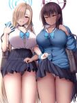  2girls ass_visible_through_thighs asuna_(blue_archive) asymmetrical_bangs bag black_choker black_hair blonde_hair blue_archive blue_bow blue_bowtie blue_cardigan blue_eyes blue_nails blue_panties blue_scrunchie blue_skirt blush bow bowtie breasts cardigan cellphone choker closed_mouth clothes_lift collarbone collared_shirt commentary_request cowboy_shot dark-skinned_female dark_skin ear_piercing fingernails grin hair_over_one_eye halo highres holding holding_phone karin_(blue_archive) large_breasts lifted_by_another long_bangs long_sleeves looking_at_viewer melopun miniskirt mole mole_on_breast multiple_girls nail_polish one_eye_covered panties parted_lips phone piercing pleated_skirt revision school_uniform scrunchie shirt shirt_tucked_in short_sleeves shoulder_bag skirt skirt_lift smartphone smile thighs underwear white_background white_panties white_shirt wrist_scrunchie yellow_eyes 