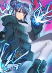  1girl blue_hair bodysuit breasts cosplay double_bun duel_monster electricity evil_twin_lil-la gloves hair_bun highres jacket large_breasts lil-la_(yu-gi-oh!) long_sleeves looking_at_viewer nernnernneru open_clothes open_jacket purple_eyes short_hair spright_blue spright_blue_(cosplay) white_bodysuit yu-gi-oh! 
