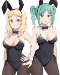  2girls animal_ears aqua_hair arm_at_side arms_at_sides bare_arms bare_shoulders barkhorn0331 black_bow black_bowtie black_hairband black_leotard blonde_hair blush bow bowtie braid breasts brown_pantyhose collarbone commentary covered_navel cowboy_shot detached_collar fake_animal_ears grin hairband hand_on_own_hip highres leotard long_hair looking_at_viewer love_live! love_live!_superstar!! low_twin_braids medium_breasts medium_hair multiple_girls onitsuka_natsumi onitsuka_tomari pantyhose parted_bangs parted_lips pink_eyes playboy_bunny rabbit_ears siblings side-by-side side-tie_leotard sidelocks simple_background sisters smile standing strapless strapless_leotard twin_braids twintails white_background wrist_cuffs 