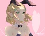  1girl animal_ears artist_name bare_shoulders black_bow black_bowtie blush bow bowtie braid breasts cleavage detached_collar fake_animal_ears green_eyes hair_ornament hairclip hand_up heart highres index_finger_raised large_breasts parted_bangs pink_background playboy_bunny portrait princess_zelda rabbit_ears seri_(yuukasakura) short_hair solo the_legend_of_zelda the_legend_of_zelda:_tears_of_the_kingdom translation_request watermark 