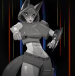  anthro banne canid canine cleavage_cutout clothing colored crop_top cybernetics cyberpunk female fluffy fluffy_tail fox gesture leaning leaning_back looking_at_viewer machine mammal midriff pointing pointing_at_viewer pose shaded shirt solo solo_focus tail teasing topwear weapon 