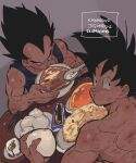  2boys blue_bodysuit bodysuit dragon_ball dragon_ball_z eating food highres holding holding_spoon injury looking_at_viewer male_focus multiple_boys muscular muscular_male onore short_hair son_goku spiked_hair spoon topless_male twitter_username vegeta 