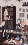  4girls alternate_costume animal_ears bare_shoulders black_hair black_skirt blanket blonde_hair blue_shirt blush book casual cat cat_ears cat_girl common_raccoon_(kemono_friends) extra_ears fennec_(kemono_friends) fox_ears fox_girl fox_tail frilled_shirt_collar frills green_skirt grey_hair highres kaban_(kemono_friends) kemono_friends long_sleeves multicolored_hair multiple_girls nanana_(nanana_iz) pink_shirt puffy_short_sleeves puffy_sleeves raccoon_ears raccoon_girl reading sailor_collar serval_(kemono_friends) shirt short_hair short_sleeves sitting skirt sleeping slippers striped striped_skirt suspender_skirt suspenders sweater tail two-tone_hair white_sweater 