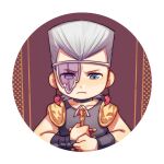  1boy 2608337875 arrow_(jojo) blue_eyes chibi earrings eyepatch flattop grey_hair jean_pierre_polnareff jewelry jojo_no_kimyou_na_bouken male_focus scar scar_across_eye solo vento_aureo widow&#039;s_peak 