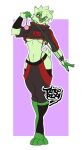  3_toes anthro armwear black_clothing bottomwear breasts clothing feet female floragato generation_9_pokemon green_body jacket legwear nails nintendo pants paws pokemon pokemon_(species) red_eyes simple_background solo tail tattoorexy toes topwear 