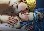  2boys bara blonde_hair blush breath closed_eyes collarbone couple cris_art half-closed_eyes hand_on_another&#039;s_shoulder hulkling kiss kissing_cheek lying male_focus marvel multiple_boys nude on_back on_bed pectorals playing_with_another&#039;s_hair short_hair sparse_stubble thick_eyebrows toned toned_male torogao upper_body white_hair yaoi 