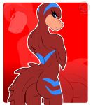  2017 alternate_color ambiguous_gender anthro athletic athletic_ambiguous athletic_anthro blowup_background blue_eyes blue_markings butt countershade_face countershading crossed_arms digital_media_(artwork) female_(lore) frown gradient_background hi_res justathereptile lizard looking_at_viewer markings monitor_lizard nude nude_ambiguous nude_anthro pose pupils rear_view red_background red_body red_scales red_skin reptile scales scalie scowl simple_background slit_pupils solo spines tail veara_(justathereptile) watermark 