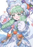  1girl animal_hands bell blush bow cat_tail commentary_request dot_nose drill_hair fake_tail fire_emblem fire_emblem:_three_houses fire_emblem_heroes flayn_(fire_emblem) flayn_(halloween)_(fire_emblem) frills gloves green_eyes green_hair hair_ornament halloween_costume highres jack-o&#039;-lantern_hat_ornament long_hair long_sleeves looking_at_viewer official_alternate_costume open_mouth paw_gloves pink_bow pumpkin shibainu simple_background solo tail tail_bow tail_ornament twin_drills white_background 