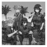  4girls absurdres aircraft ammunition_belt ammunition_pouch assault_rifle backpack bag card cigarette clothes_writing combat_helmet diu9you flower greyscale gun hair_between_eyes helicopter helmet highres holding holding_gun holding_weapon kuroki_tomoko load_bearing_equipment m16 machine_gun military monochrome multiple_girls outdoors palm_tree playing_card pouch rifle smoking soldier standing tamura_yuri tanaka_mako tree vietnam_war watashi_ga_motenai_no_wa_dou_kangaetemo_omaera_ga_warui! weapon yoshida_masaki 