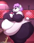  anthro bear belly beverage beverage_can big_belly big_breasts big_butt black_bottomwear black_clothing black_topwear blue_eyes bottomwear breasts butt clothing detailed_background ear_piercing eyeshadow female fur hair hanging_belly holding_beverage holding_object huge_belly looking_back makeup mammal midriff navel navel_piercing nekocrispy obese obese_anthro obese_female overweight overweight_anthro overweight_female pants piercing polar_bear purple_hair side_view signature snow_(nekocrispy) solo standing tail text topwear unimpressed url ursine white_body white_fur 