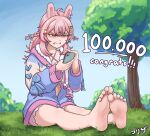  1girl angry animal_ears barefoot cellphone efreezerarts feet grass hair_ornament heart heart_hair_ornament highres outdoors phase_connect phone pink_bloomers pink_eyes pink_hair pipkin_pippa rabbit_ears rabbit_girl rabbit_hair_ornament rabbit_ornament soles solo star_(symbol) star_hair_ornament toes tree virtual_youtuber 