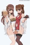  2girls :d bamboo_steamer baozi bare_shoulders black_thighhighs blue_background blush breasts brown_eyes brown_hair bulge china_dress chinese_clothes cleavage cup double_bun dress feather_boa food futanari hair_bun hair_ornament highres long_hair looking_at_viewer multiple_girls navel open_mouth original panties side-tie_panties simple_background smile teacup teapot thighhighs tray underwear variant_set white_panties white_thighhighs yasumi22842620 