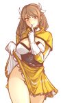  1girl absurdres bottomless braid breasts brown_hair cleavage clothes_lift commentary_request corset finger_to_mouth fire_emblem fire_emblem_engage gloves goldmary_(fire_emblem) hair_ribbon highres large_breasts long_hair looking_at_viewer mole mole_on_breast no_panties ribbon seductive_smile shushing skirt skirt_lift smile solo transparent_background tridisart white_gloves white_ribbon yellow_eyes 