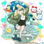  1girl alternate_costume black_footwear black_skirt carrot commentary copyright_name curly_hair english_commentary full_body game_cg green_hair heart horns komano_aunn komano_aunn_(busy_at_new_year&#039;s) long_hair looking_at_viewer outdoors rotte_(1109) single_horn skirt snow_rabbit snowing snowman socks solo standing standing_on_one_leg third-party_source touhou touhou_lost_word white_socks winter_clothes 