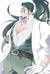  1boy bara beard belt braid facial_hair glasses gloves green_eyes green_hair grin high_ponytail highres jewelry lab_coat large_pectorals long_hair male_focus miosaka0000 murakami_teppa necklace pectoral_cleavage pectorals revenger smile solo very_long_hair white_background white_gloves 