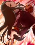  1girl belt black_hair black_shorts breasts brown_belt cropped_shirt earrings from_side green_eyes helen_(idolmaster) ich. idolmaster idolmaster_cinderella_girls idolmaster_cinderella_girls_starlight_stage jacket jewelry large_breasts long_hair open_clothes open_shirt red_background red_jacket ring shirt shorts smile solo tied_shirt 